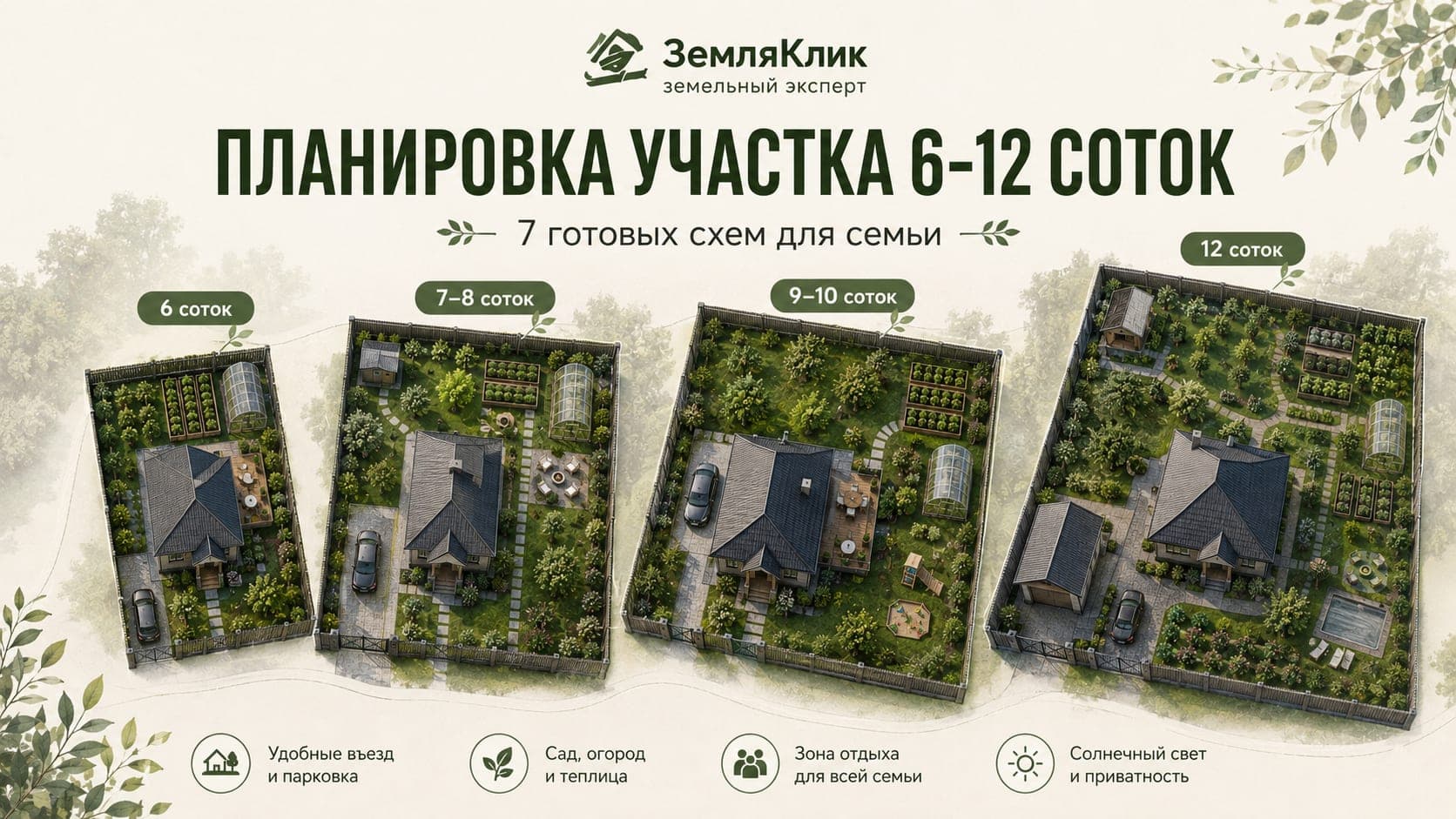 Планировка участка 6, 7, 8, 9, 10 и 12 соток: готовые схемы с домом, баней, гаражом и садом