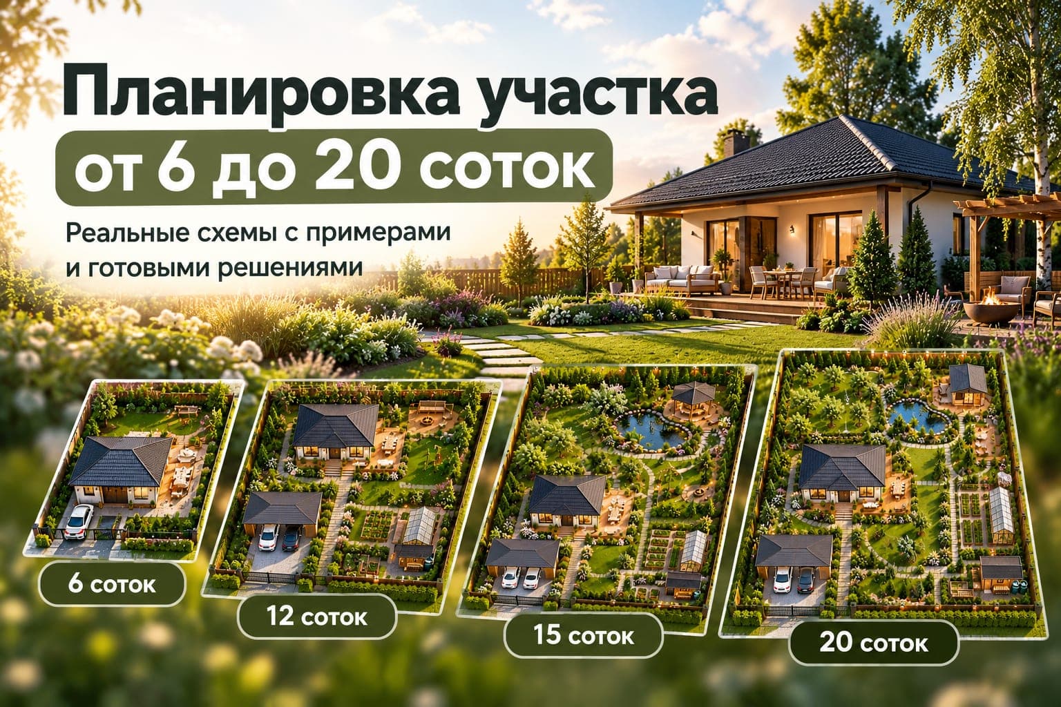 Планировки участков от 6 до 20 соток: схемы с домом, парковкой, садом и зоной отдыха